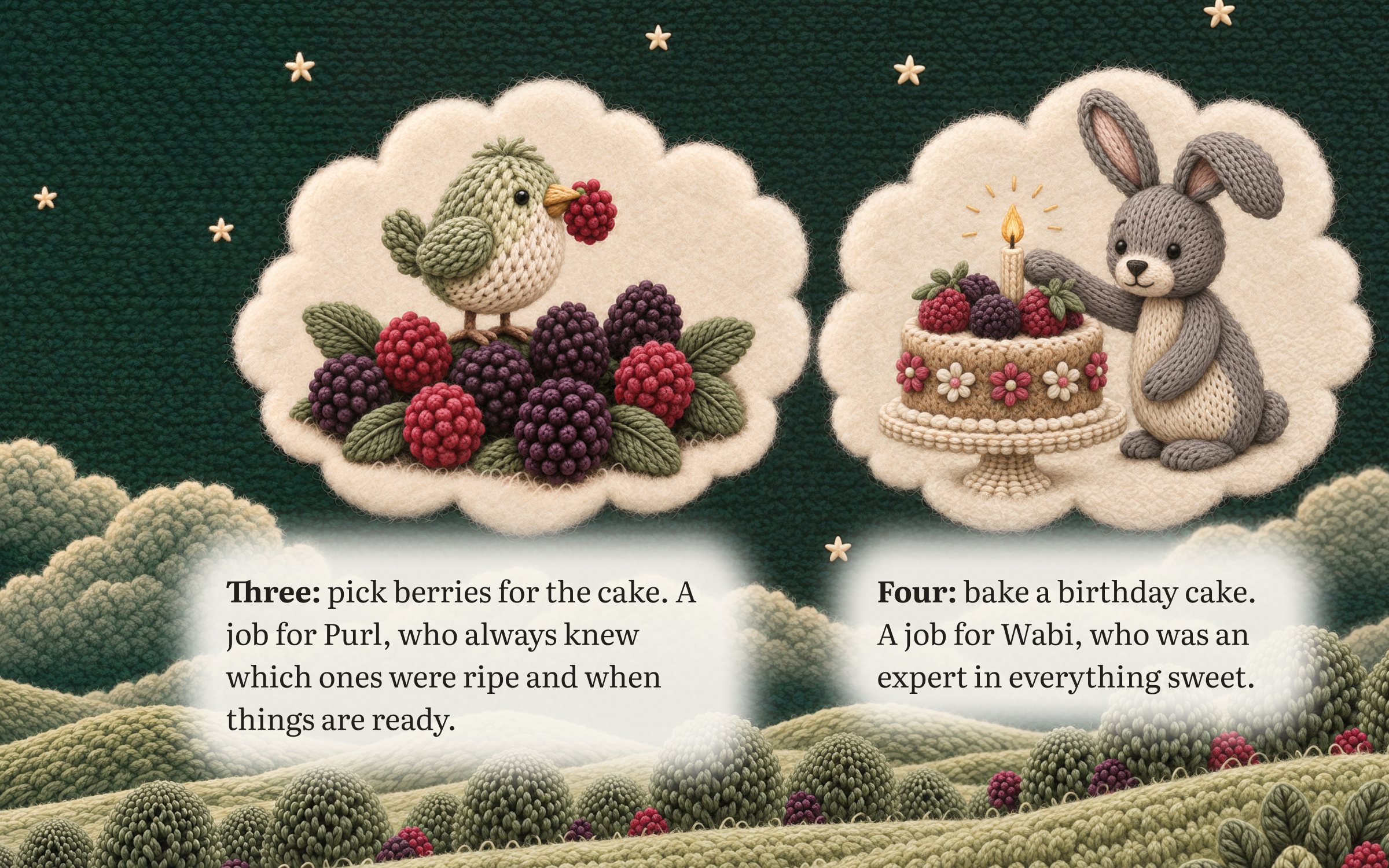 Three: pick berries for the cake. A job for Purl, who always knew which ones were ripe and when things are ready. Four: bake a birthday cake. A job for Wabi, who was an expert in everything sweet.
