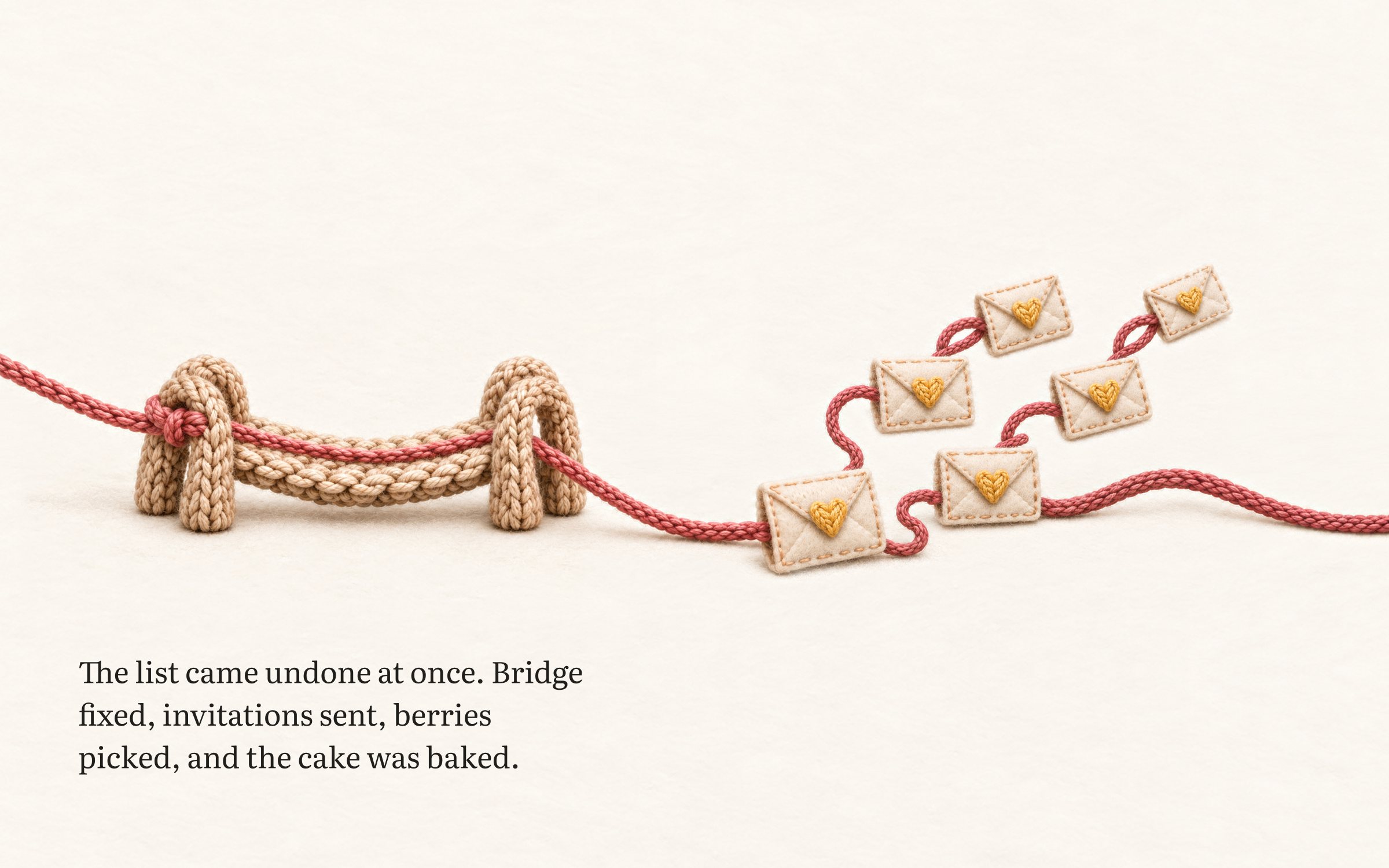 The list came undone at once. Bridge fixed, invitations sent, berries picked, and the cake was baked.